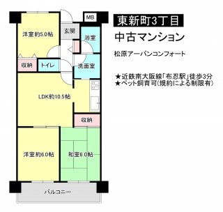 松原市東新町、中古マンションの間取り画像です