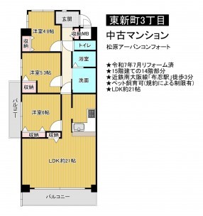 松原市東新町、中古マンションの間取り画像です