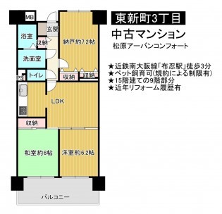 松原市東新町、中古マンションの間取り画像です