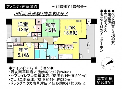 草津市野路１丁目、マンションの間取り画像です