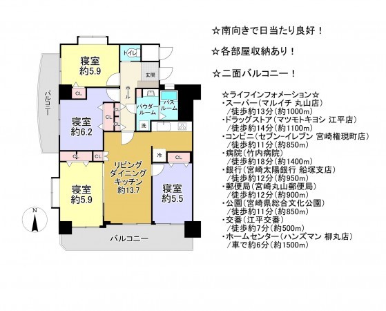 宮崎市神宮東、マンションの間取り画像です