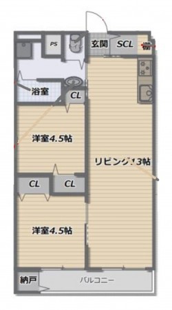 大阪市旭区新森、マンションの間取り画像です