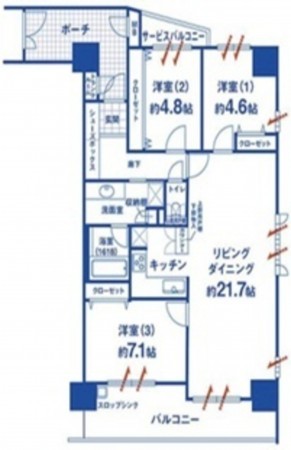 大阪市鶴見区鶴見、マンションの間取り画像です