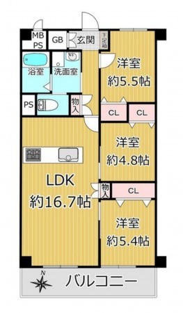 大阪市鶴見区諸口、マンションの間取り画像です