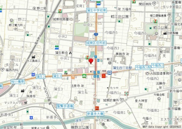 大阪市城東区中央、マンションの地図画像です