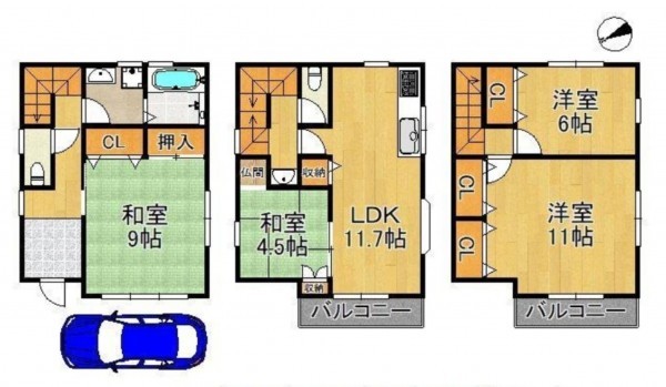 大阪市鶴見区諸口、中古一戸建ての間取り画像です