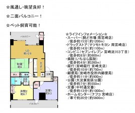 宮崎市淀川、マンションの間取り画像です