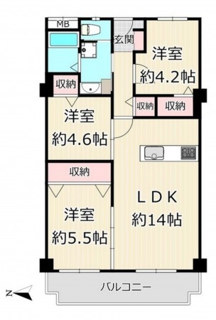 大阪市旭区新森、マンションの間取り画像です