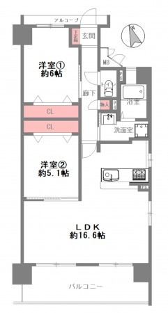 大阪市東成区東中本、マンションの間取り画像です