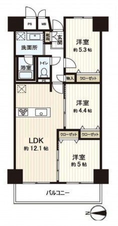 大阪市旭区高殿、マンションの間取り画像です