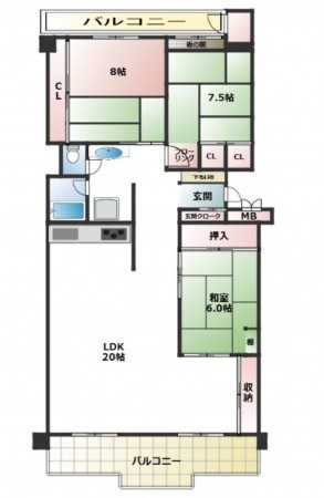 大阪市城東区森之宮、マンションの間取り画像です