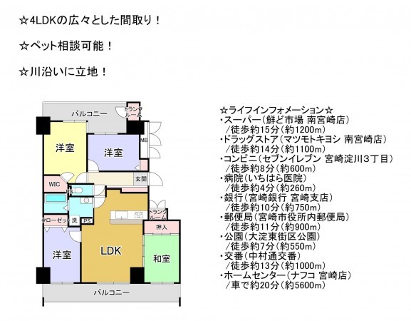 宮崎市淀川、マンションの間取り画像です
