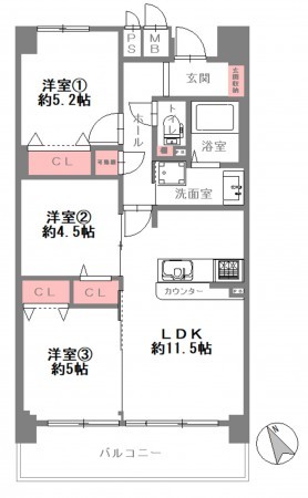 大阪市鶴見区今津北、マンションの間取り画像です