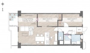 大阪市東成区大今里南、マンションの間取り画像です