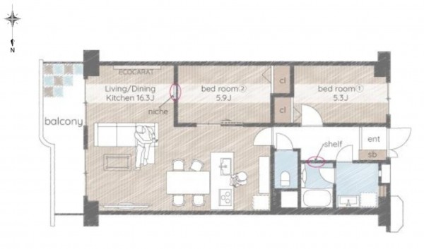 大阪市東成区大今里南、マンションの間取り画像です