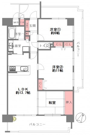 大阪市東成区玉津、マンションの間取り画像です