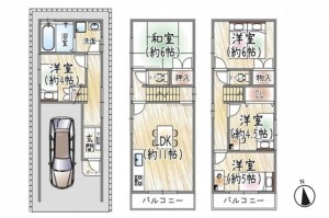 大阪市城東区中浜、中古一戸建ての間取り画像です