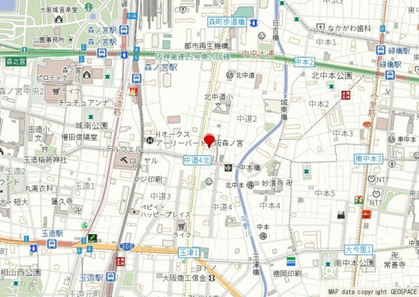 大阪市東成区中道、マンションの地図画像です