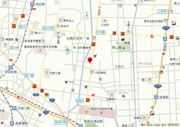 大阪市生野区舎利寺、中古一戸建ての地図画像です