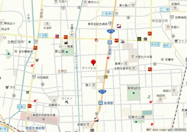 大阪市生野区巽中、中古一戸建ての地図画像です