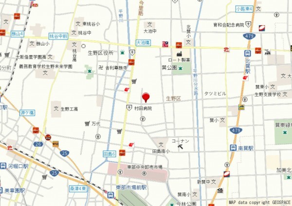 大阪市生野区田島、中古一戸建ての地図画像です