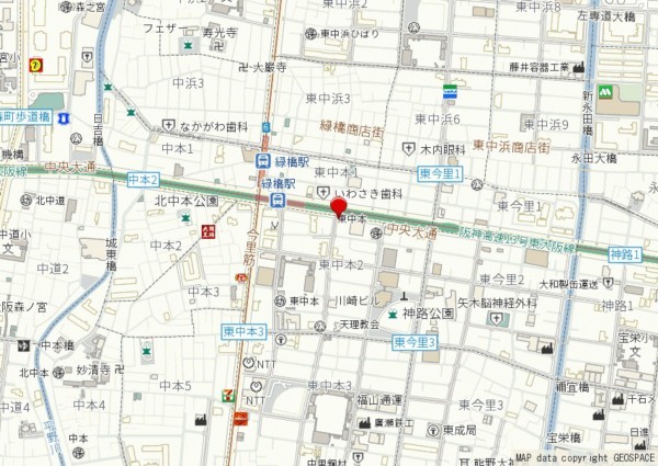 大阪市東成区東中本、マンションの地図画像です