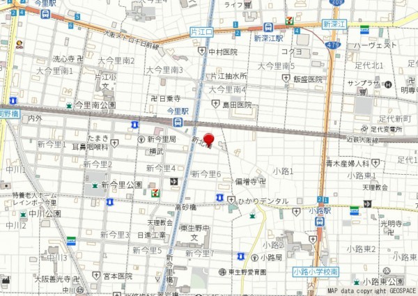 大阪市生野区新今里、中古一戸建ての地図画像です