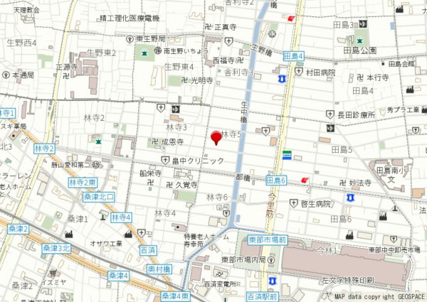 大阪市生野区林寺、中古一戸建ての地図画像です