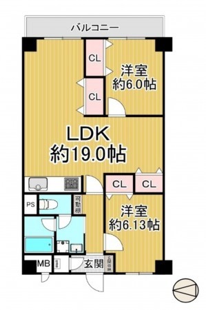 大阪市鶴見区諸口、マンションの間取り画像です