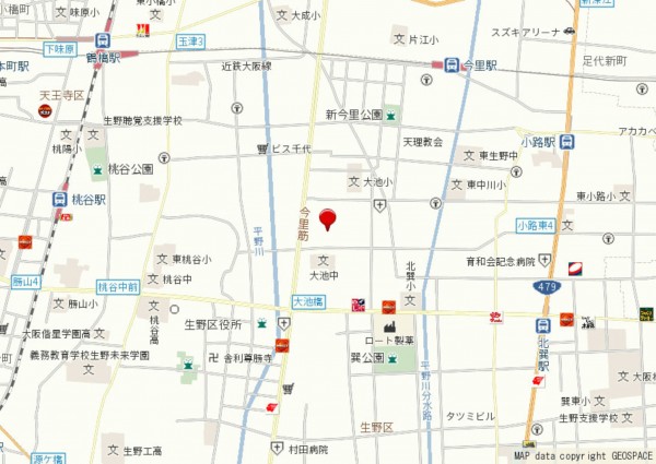大阪市生野区中川、中古一戸建ての地図画像です