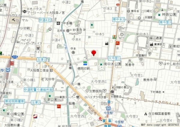 大阪市東成区中本、マンションの地図画像です