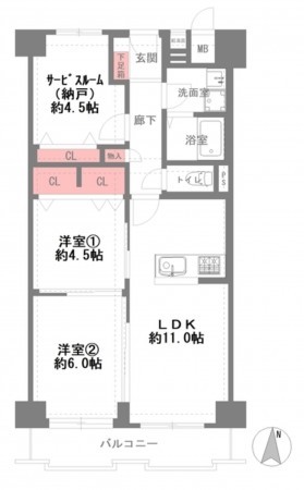大阪市城東区成育、マンションの間取り画像です