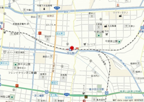 大阪市鶴見区放出東、マンションの地図画像です
