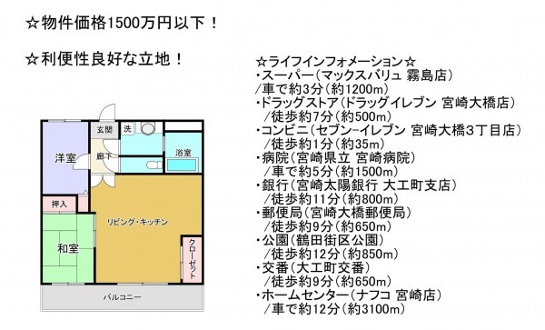宮崎市大橋、マンションの間取り画像です