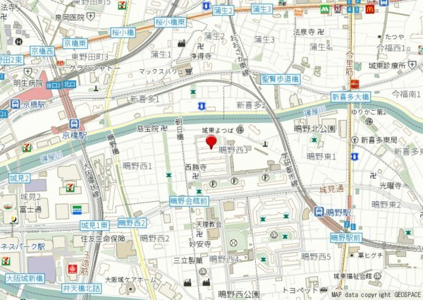 大阪市城東区鴫野西、マンションの地図画像です