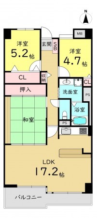 大阪市鶴見区鶴見、マンションの間取り画像です