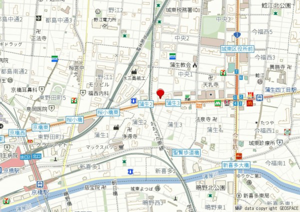 大阪市城東区中央、マンションの地図画像です