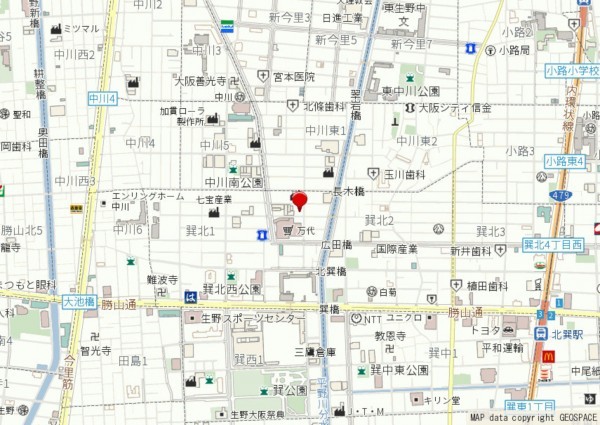 大阪市生野区巽北、中古一戸建ての地図画像です
