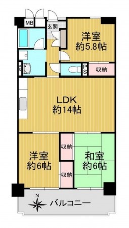大阪市鶴見区緑、マンションの間取り画像です