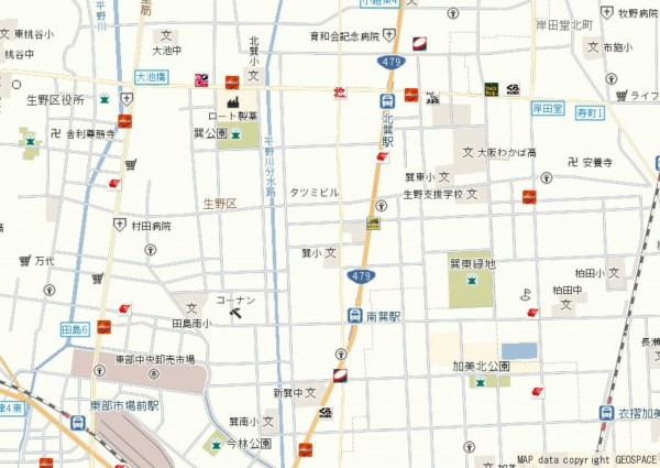 大阪市生野区巽中、中古一戸建ての地図画像です