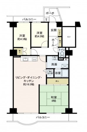大阪市旭区新森、マンションの間取り画像です