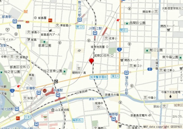 大阪市城東区野江、マンションの地図画像です