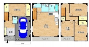 大阪市生野区新今里、中古一戸建ての間取り画像です