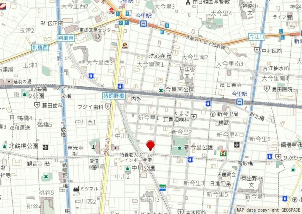 大阪市生野区新今里、中古一戸建ての地図画像です