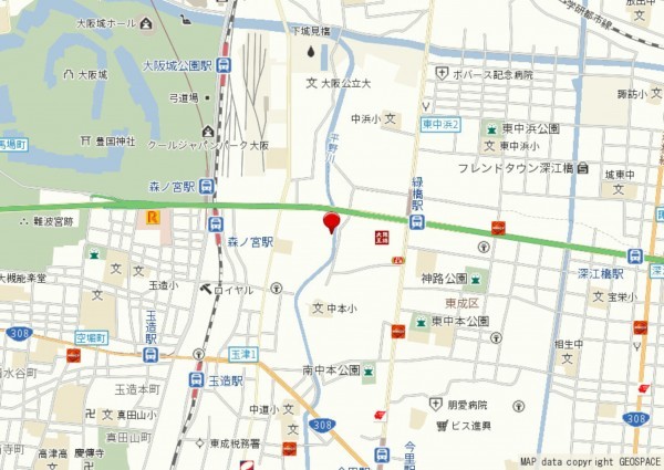 大阪市東成区中道、中古一戸建ての地図画像です