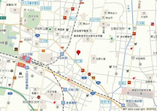 大阪市生野区生野西、中古一戸建ての地図画像です