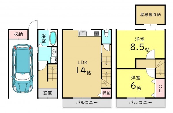 大阪市東成区大今里、中古一戸建ての間取り画像です