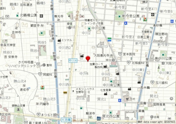 大阪市生野区中川、中古一戸建ての地図画像です