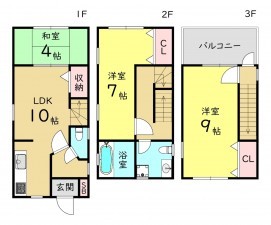 大阪市生野区勝山南、中古一戸建ての間取り画像です