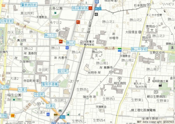 大阪市生野区勝山南、中古一戸建ての地図画像です